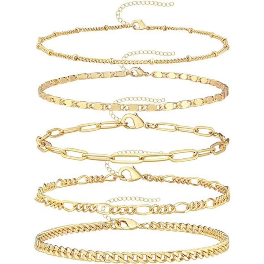 5 Pieces 14K Real Gold Plated Link Chain Bracelets for Women